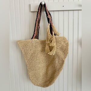 Haute Hippie Raffia Large Tote in Tan with Black and Pink Straps NWOT
